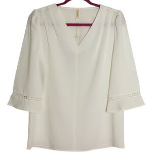 Evaless Lace Trim Pleated Crepe Blouse Shirt Top Bell Sleeve White M NWT